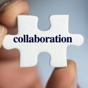 Puzzle piece with collaboration written on it.