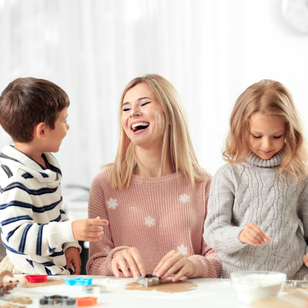 Mother doing crafts with son and daughter