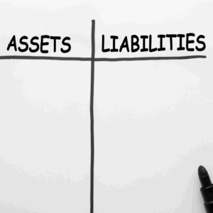 Assets and liabilities split up on a page