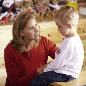 Mother talking to child