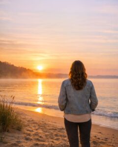 Woman standing on beach looking at sunrise