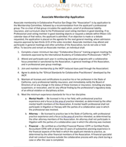 Photograph of the Associate Membership Application form for Collaborative Practice San Diego, showing eligibility steps and member requirements.