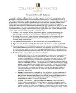 Professional Membership Application page for the Collaborative Practice Association (Saint Louis) with introductory text and a bullet-point list of membership criteria and steps.