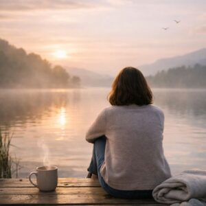 Person sits on a wooden dock beside a calm lake at sunset, watching the horizon with a steaming mug nearby.
