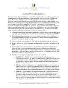 CPSD logo with 'Collaborative Practice San Diego' header; page titled 'Associate Membership Application' showing the first 6 membership requirements on page 1.