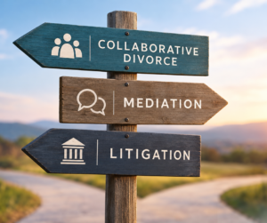 Wooden signpost with arrows reading Collaborative Divorce, Mediation, and Litigation against a sunset sky.