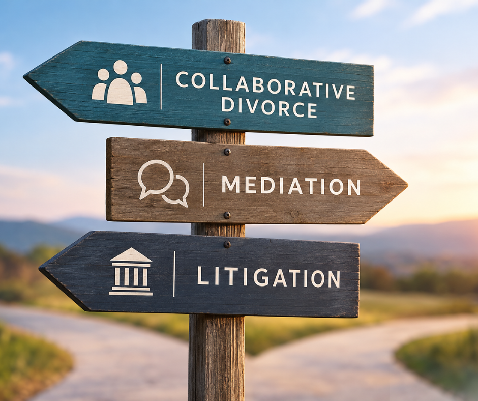 Wooden signpost with arrows reading Collaborative Divorce, Mediation, and Litigation against a sunset sky.
